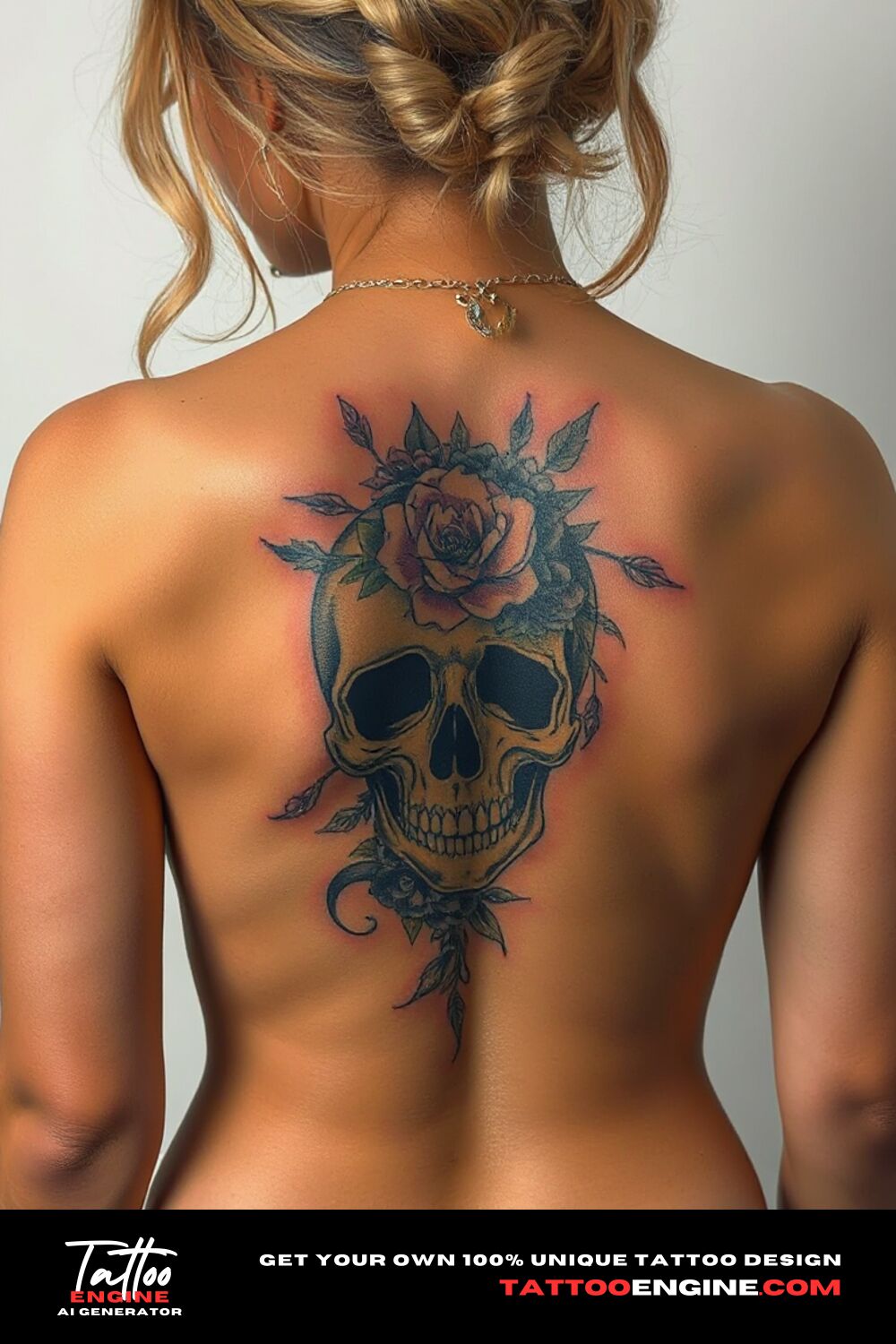 Floral skull tattoo, on back of a woman with a tank top, back view, high quality, detailed