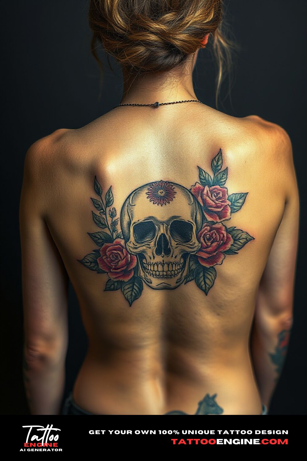 Floral skull tattoo, on back of a woman with a tank top, back view, high quality, detailed