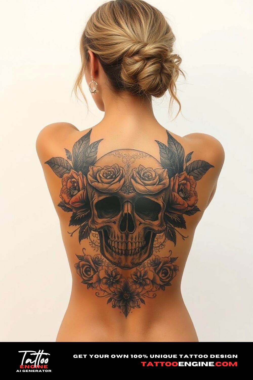 Floral skull tattoo, on back of a woman with a tank top, back view, high quality, detailed