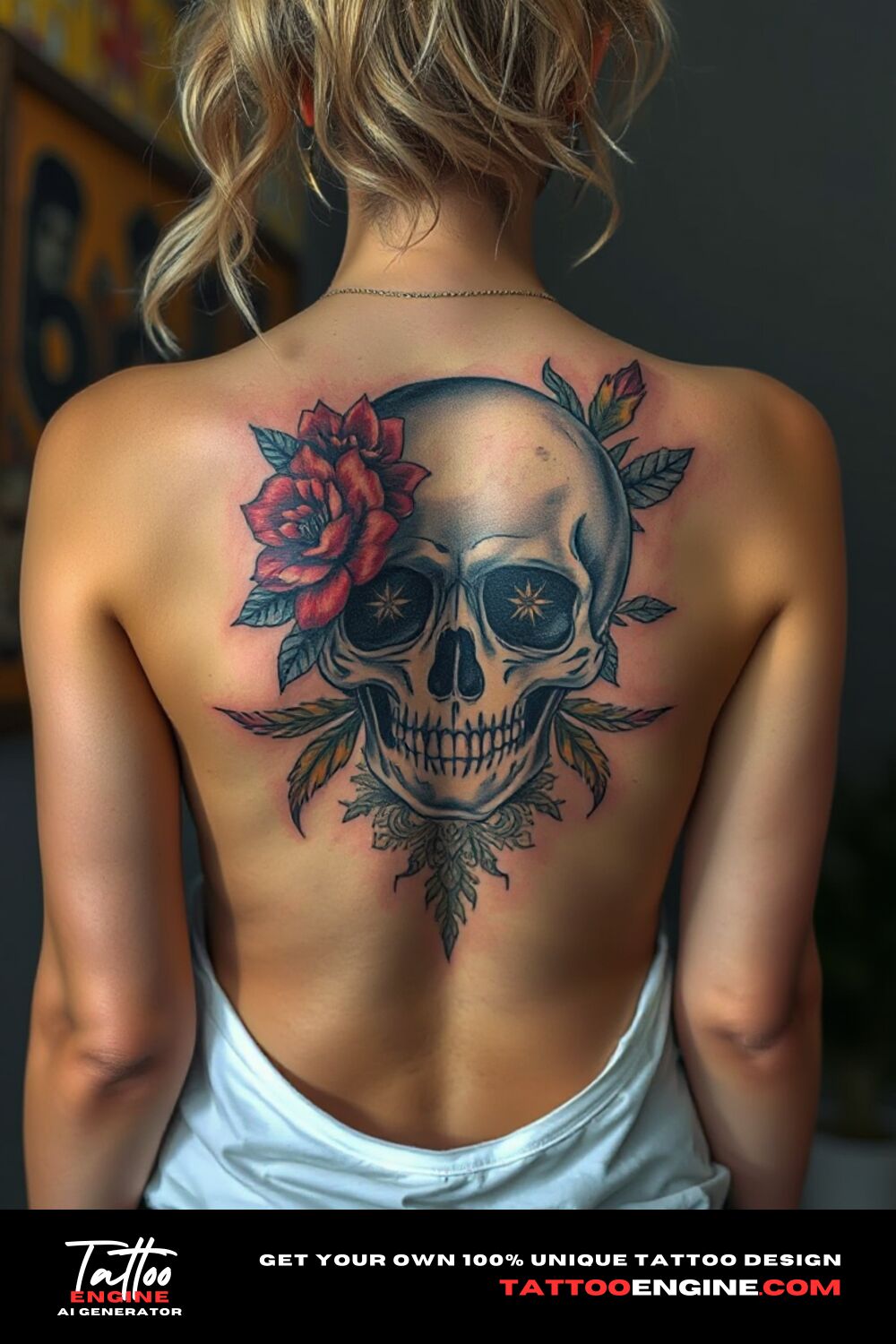 Floral skull tattoo, on back of a woman with a tank top, back view, high quality, detailed