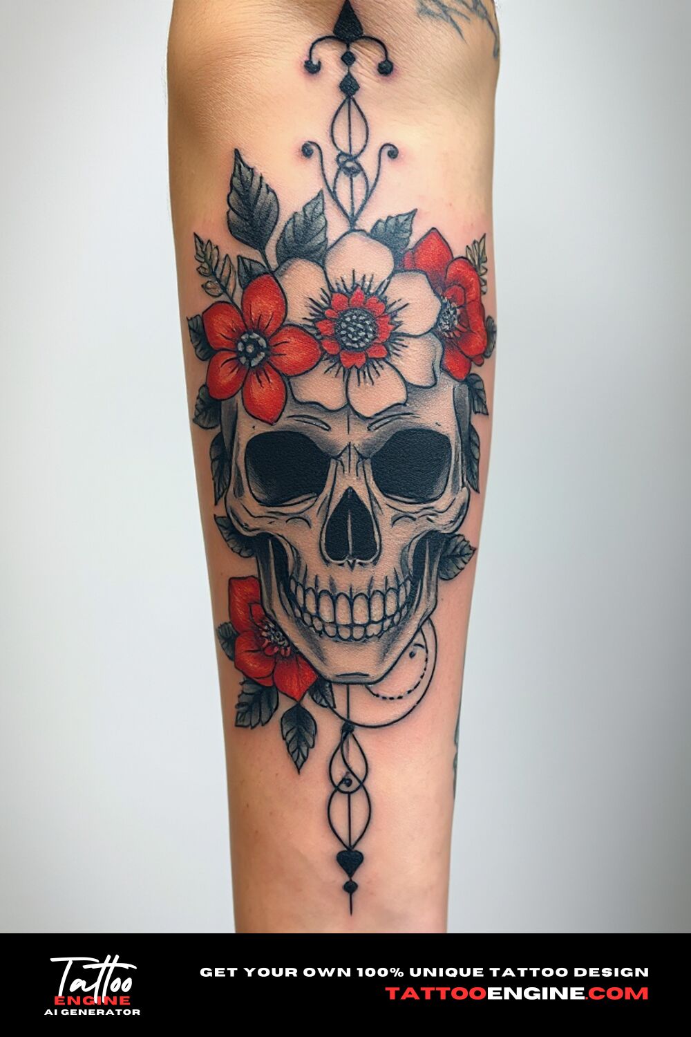 Floral skull tattoo, on forearm a woman, front view, high quality, detailed