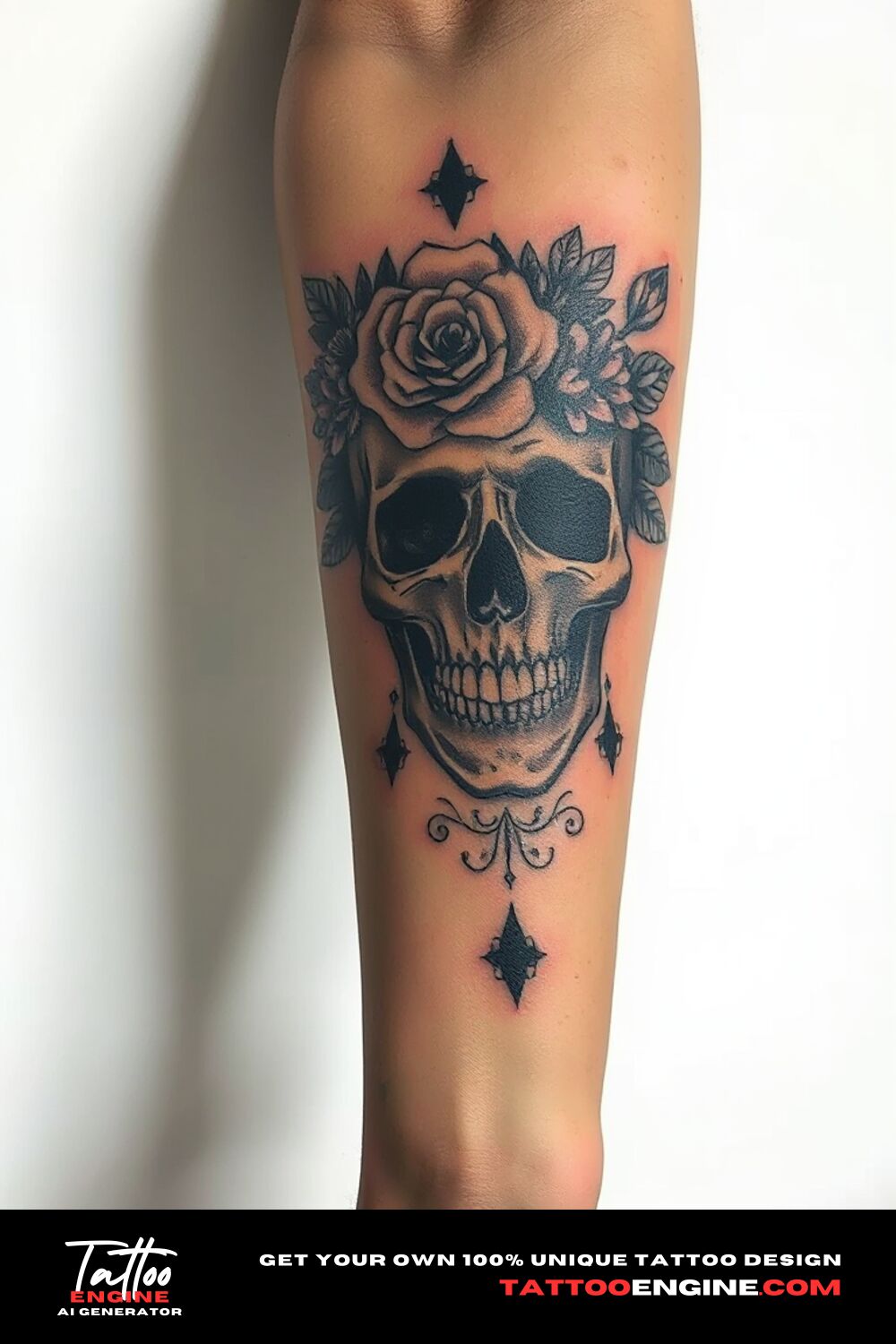 Floral skull tattoo, on forearm a woman, front view, high quality, detailed