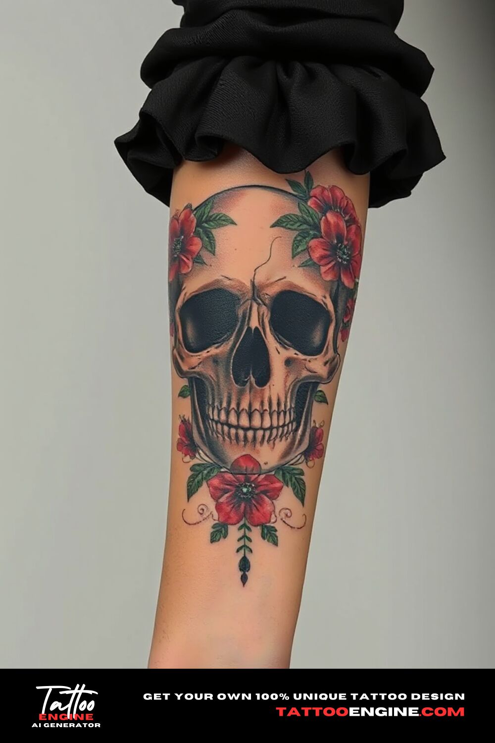 Floral skull tattoo, on forearm a woman, front view, high quality, detailed