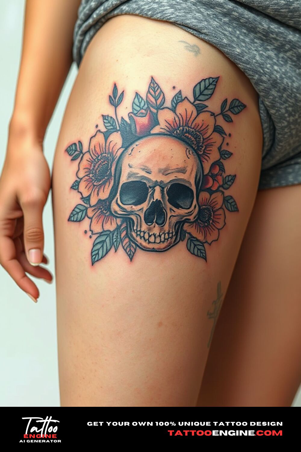 Floral skull tattoo, on front thigh of a woman with shorts, front view, high quality, detailed