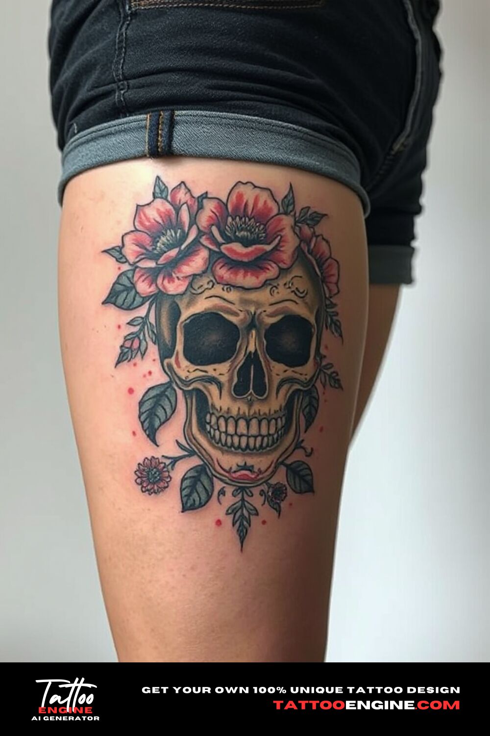 Floral skull tattoo, on front thigh of a woman with shorts, front view, high quality, detailed