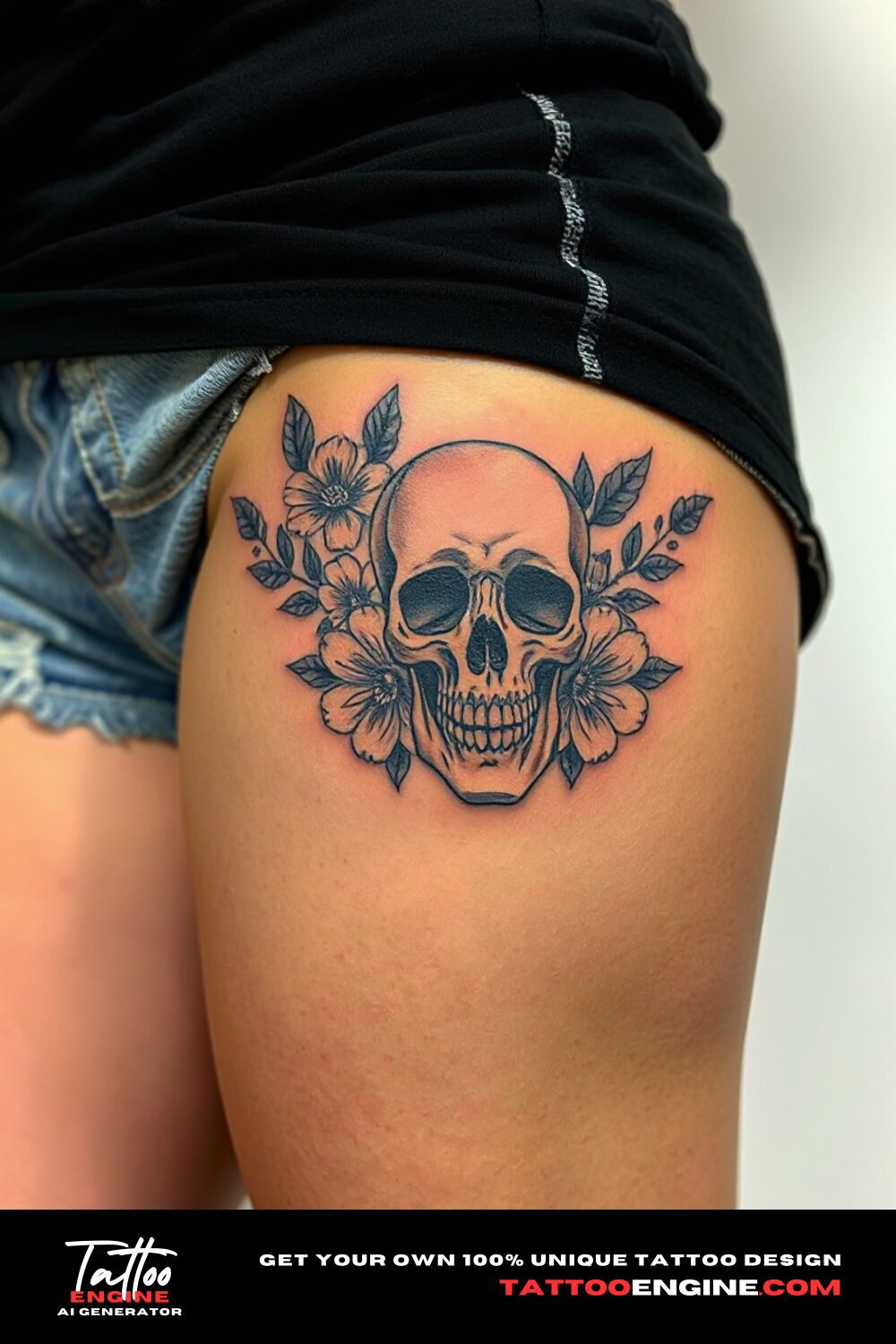 Floral skull tattoo, on front thigh of a woman with shorts, front view, high quality, detailed