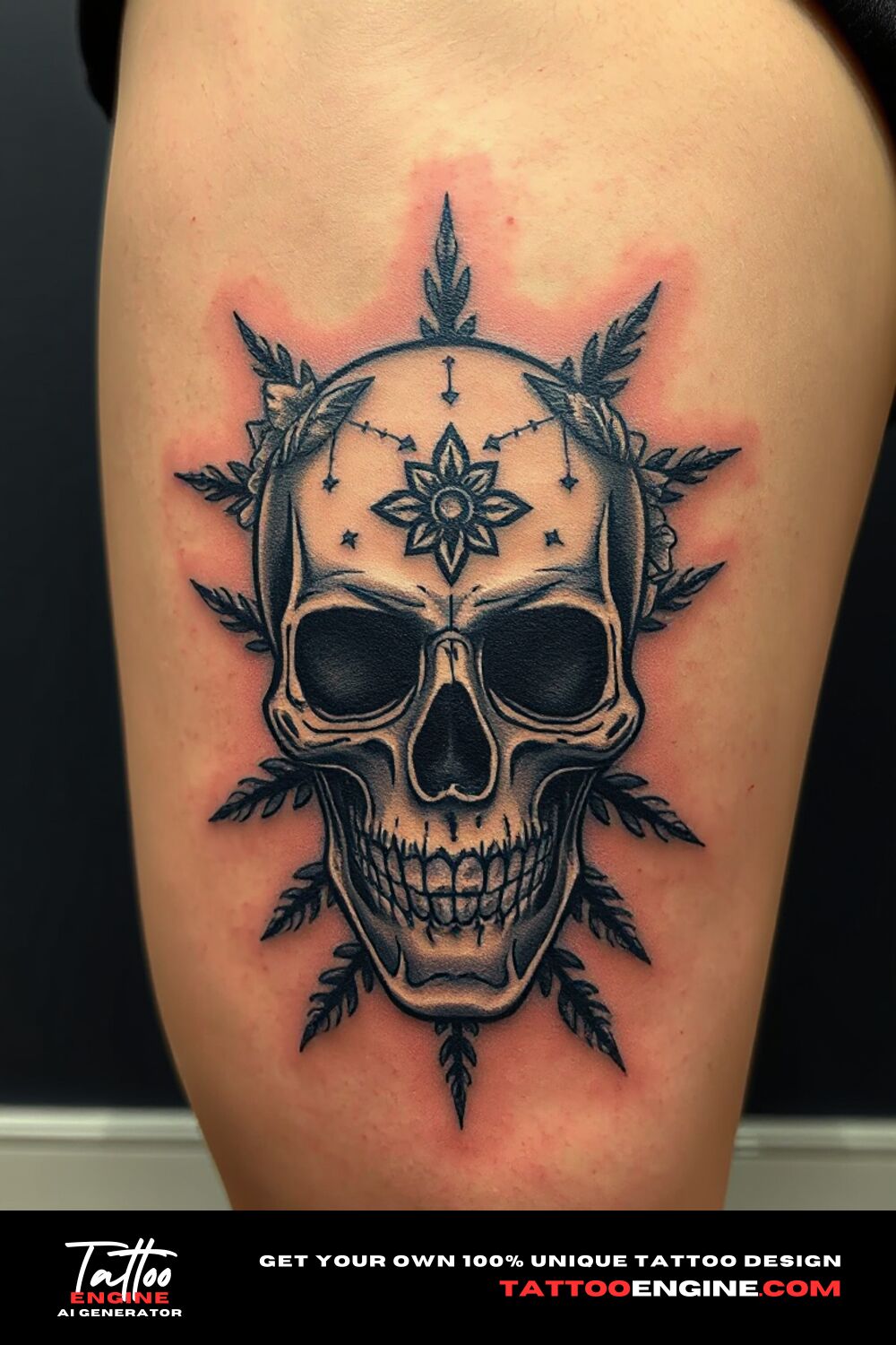 Floral skull tattoo, on upper leg of a blonde woman, front view, high quality, detailed