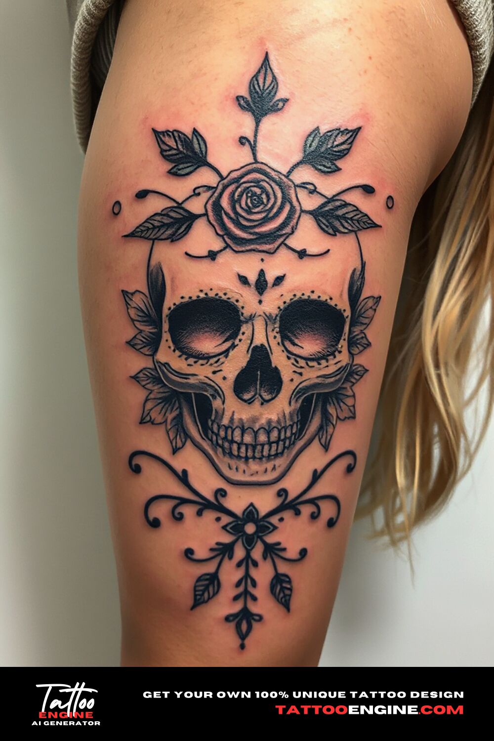 Floral skull tattoo, on upper leg of a blonde woman, front view, high quality, detailed