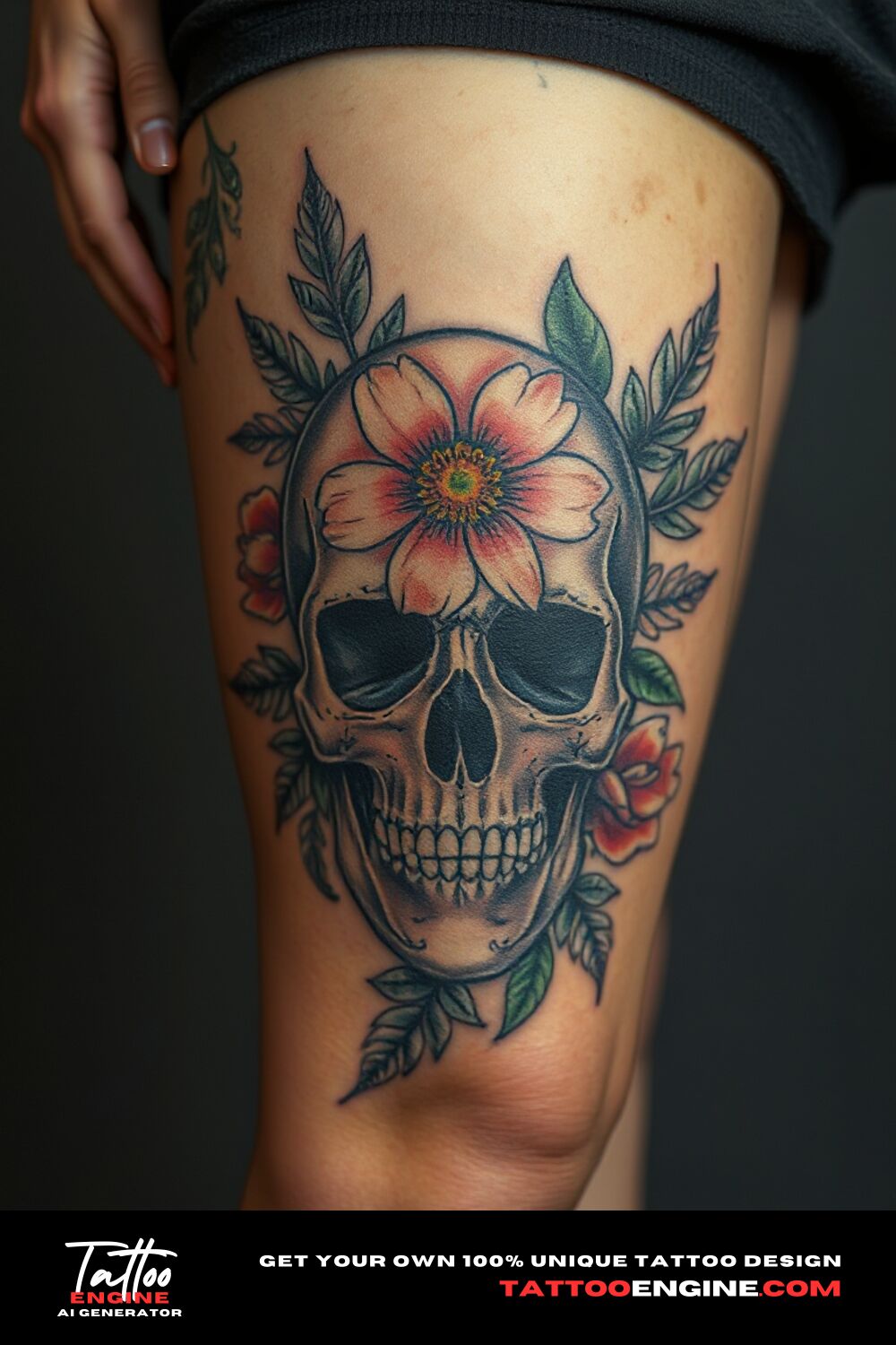 Floral skull tattoo, on upper leg of a blonde woman, front view, high quality, detailed
