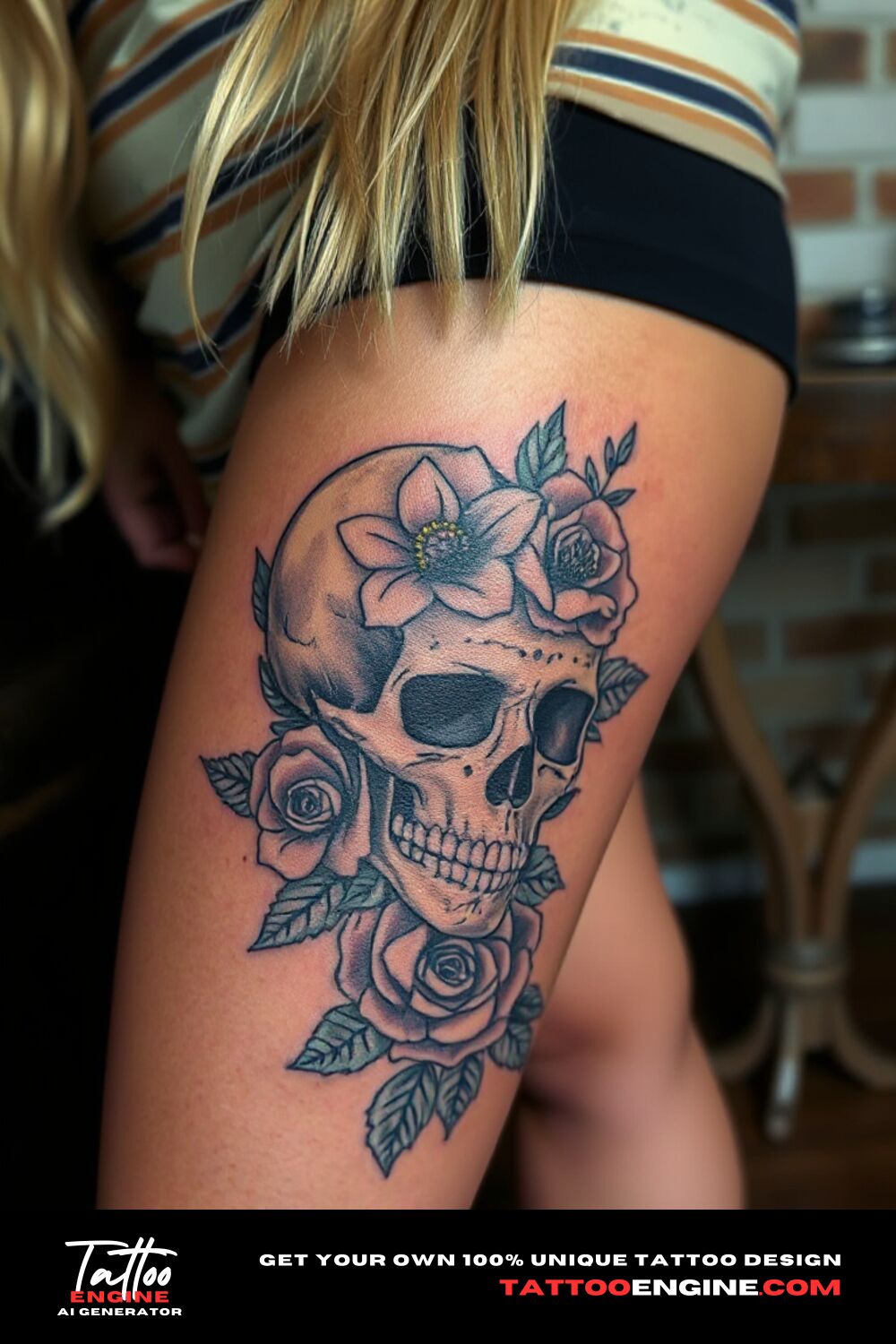 Floral skull tattoo, on upper leg of a blonde woman, front view, high quality, detailed