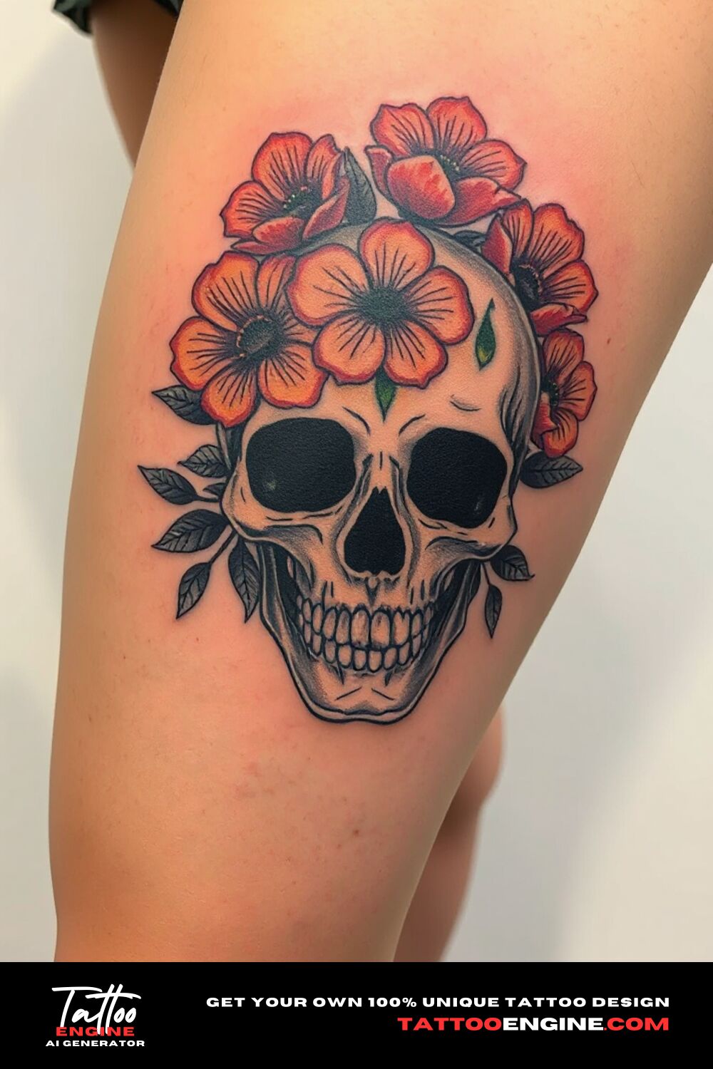 Floral skull tattoo, on upper leg of a blonde woman, front view, high quality, detailed