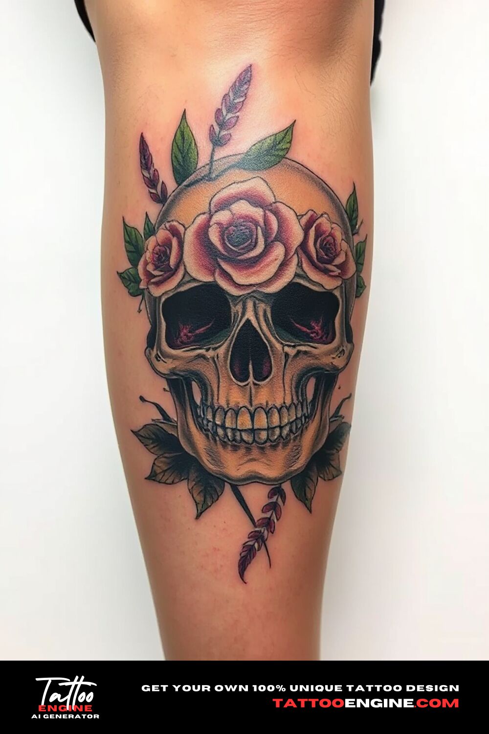 Floral skull tattoo, on upper leg of a blonde woman, front view, high quality, detailed