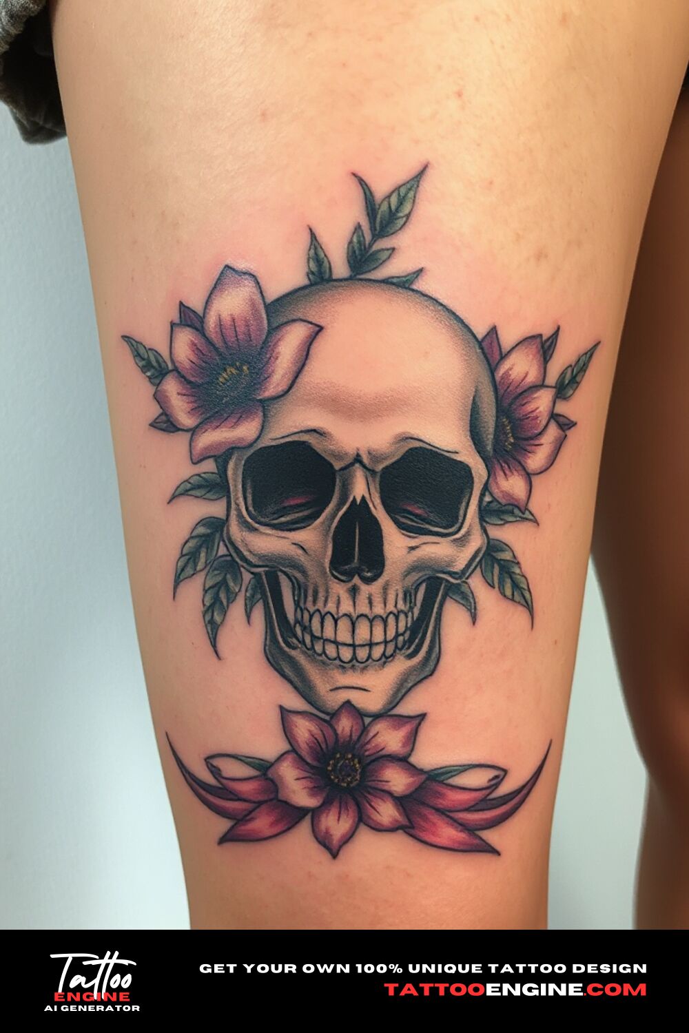 Floral skull tattoo, on upper leg of a blonde woman, front view, high quality, detailed
