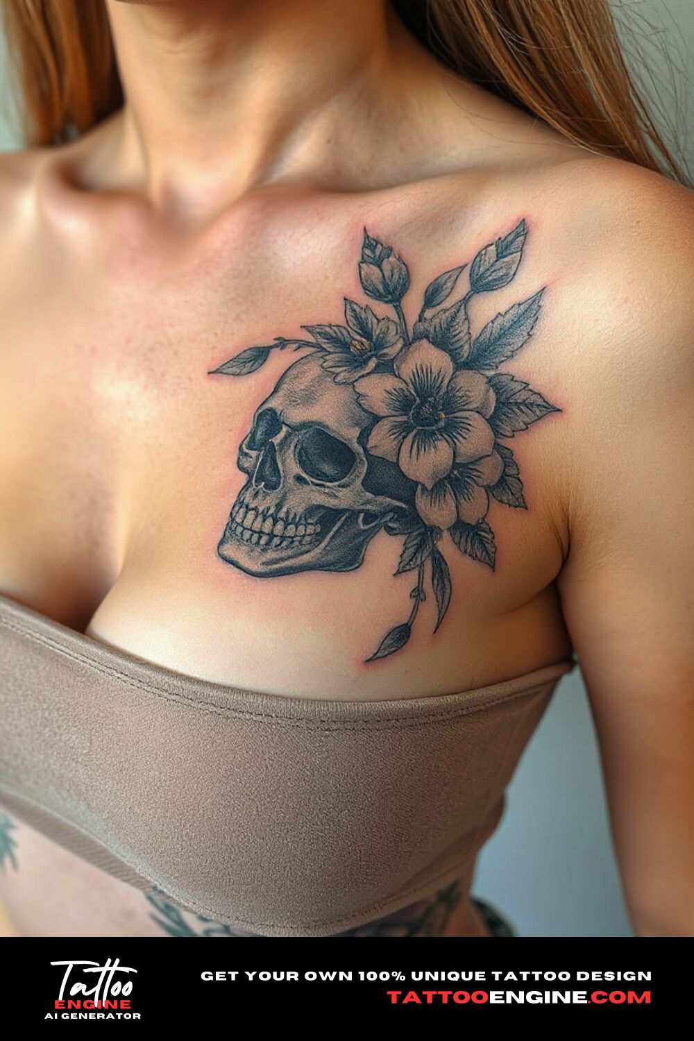 Floral skull tattoo, on upper right chest corner of a woman with a tank top, front view, high quality, detailed