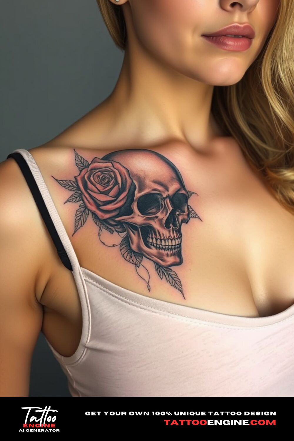 Floral skull tattoo, on upper right chest corner of a woman with a tank top, front view, high quality, detailed