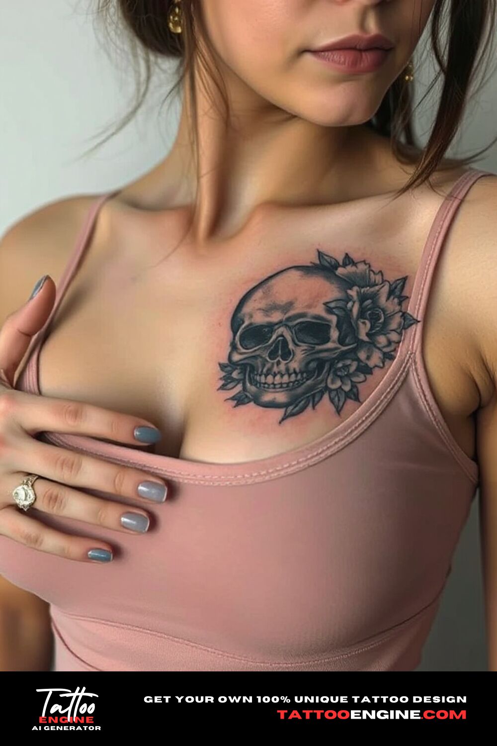 Floral skull tattoo, on upper right chest corner of a woman with a tank top, front view, high quality, detailed