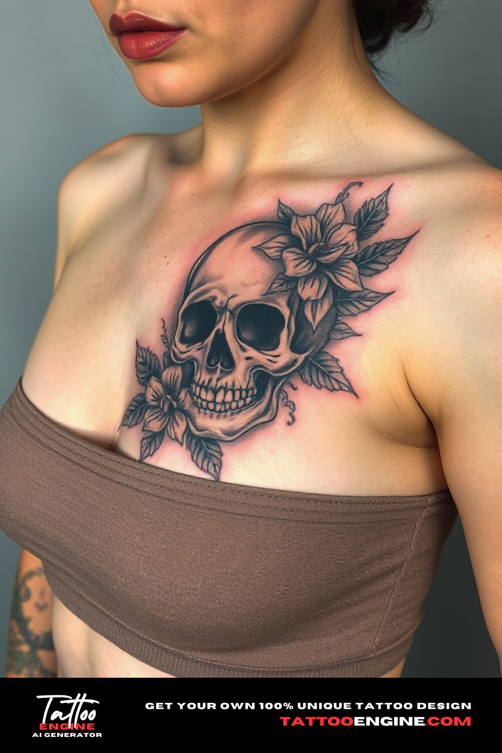Floral skull tattoo, on upper right chest corner of a woman with a tank top, front view, high quality, detailed