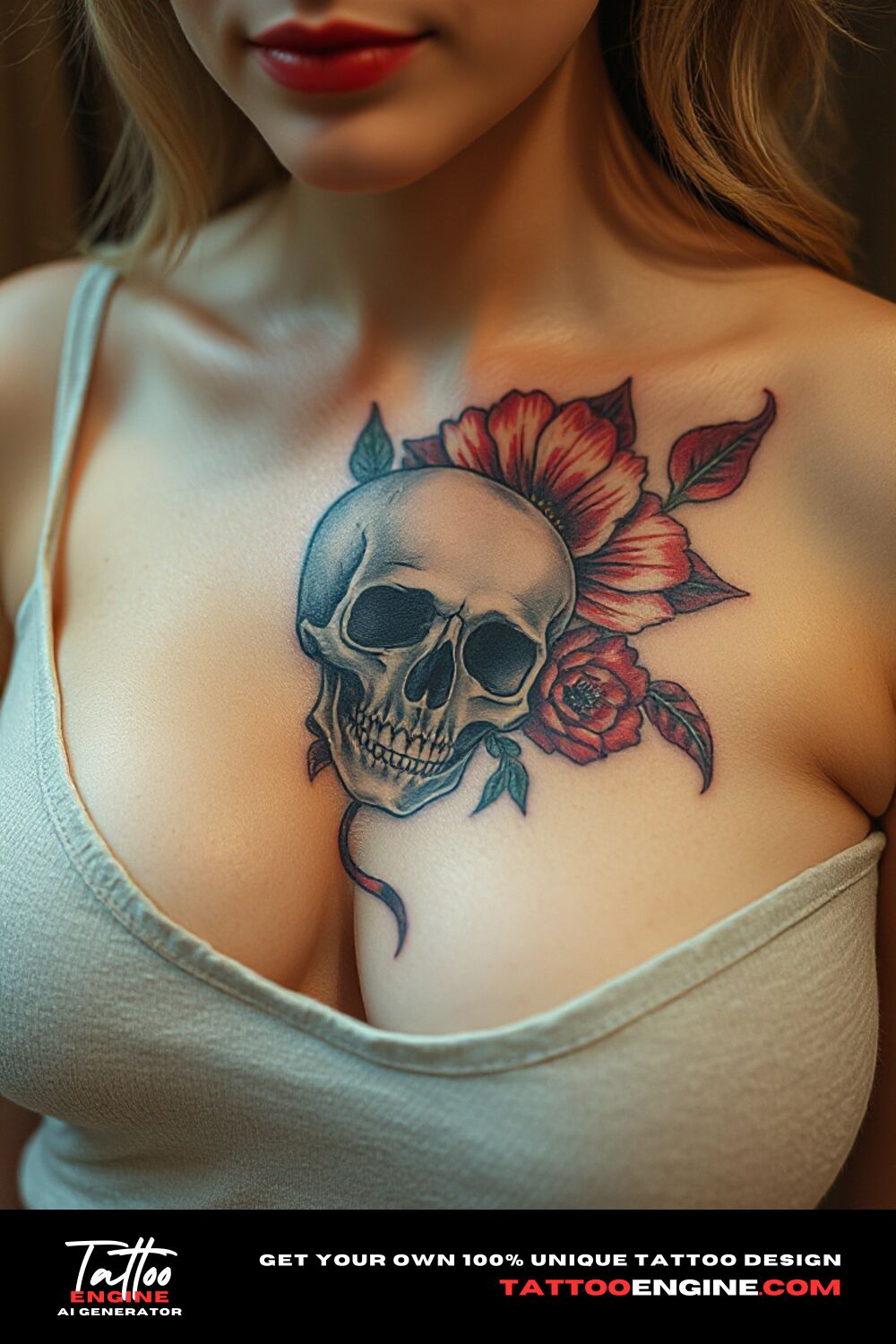 Floral skull tattoo, on upper right chest corner of a woman with a tank top, front view, high quality, detailed