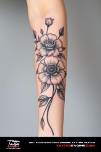 Flower sleeve tattoo, covering the forearm of a woman, front view, high quality, detailed