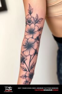 Flower sleeve tattoo, covering the forearm of a woman, front view, high quality, detailed