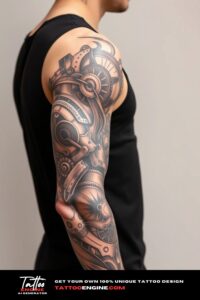 Full sleeve biomechanical tattoo, full sleeve of a man, wearing black tank top, side view, high quality, detailed