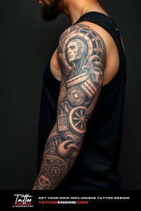 Full sleeve biomechanical tattoo, full sleeve of a man, wearing black tank top, side view, high quality, detailed