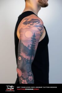 Full sleeve nature tattoo, full sleeve of a man, wearing black tank top, side view, high quality, detailed