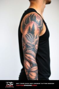 Full sleeve nature tattoo, full sleeve of a man, wearing black tank top, side view, high quality, detailed