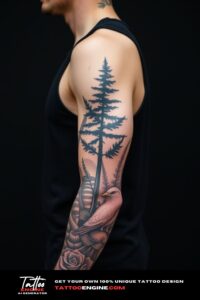 Full sleeve nature tattoo, full sleeve of a man, wearing black tank top, side view, high quality, detailed