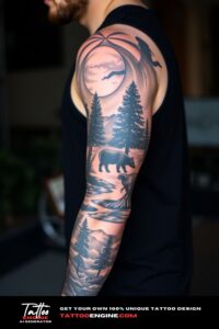 Full sleeve nature tattoo, full sleeve of a man, wearing black tank top, side view, high quality, detailed