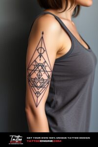 Geometric half sleeve tattoo, forearm of a woman, wearing tank top, side view, high quality, detailed