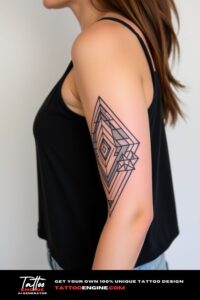 Geometric half sleeve tattoo, forearm of a woman, wearing tank top, side view, high quality, detailed