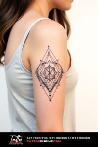 Geometric half sleeve tattoo, forearm of a woman, wearing tank top, side view, high quality, detailed