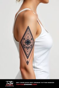 Geometric half sleeve tattoo, forearm of a woman, wearing tank top, side view, high quality, detailed