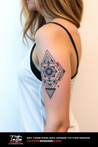 Geometric half sleeve tattoo, forearm of a woman, wearing tank top, side view, high quality, detailed