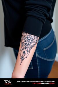 Geometric pattern lower half sleeve tattoo, on forearm of a woman, front view, high quality, detailed