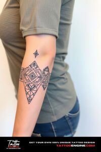 Geometric pattern lower half sleeve tattoo, on forearm of a woman, front view, high quality, detailed