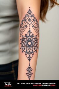 Geometric pattern lower half sleeve tattoo, on forearm of a woman, front view, high quality, detailed