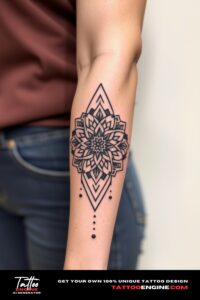 Geometric pattern lower half sleeve tattoo, on forearm of a woman, front view, high quality, detailed