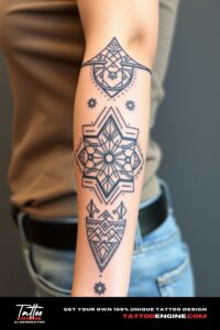 Geometric pattern sleeve tattoo, covering the forearm of a woman, front view, high quality, detailed