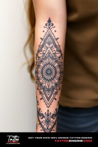 Geometric pattern sleeve tattoo, covering the forearm of a woman, front view, high quality, detailed