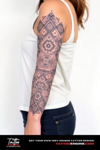 Geometric pattern sleeve tattoo, covering the forearm of a woman, front view, high quality, detailed