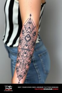 Geometric pattern sleeve tattoo, covering the forearm of a woman, front view, high quality, detailed