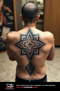 Geometric tattoo, filling all back of a man, back view, wearing jeans, studio light, high quality, detailed