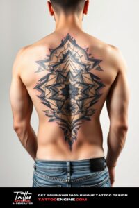 Geometric tattoo, filling all back of a man, back view, wearing jeans, studio light, high quality, detailed