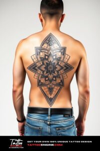 Geometric tattoo, filling all back of a man, back view, wearing jeans, studio light, high quality, detailed