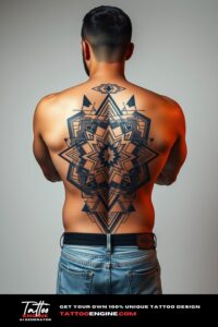 Geometric tattoo, filling all back of a man, back view, wearing jeans, studio light, high quality, detailed