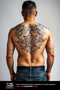 Geometric tattoo, filling all back of a man, back view, wearing jeans, studio light, high quality, detailed