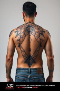 Geometric tattoo, filling all back of a man, back view, wearing jeans, studio light, high quality, detailed