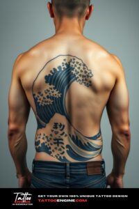 Kanagawa waves tattoo, filling all back of a man, back view, wearing jeans, studio light, high quality, detailed